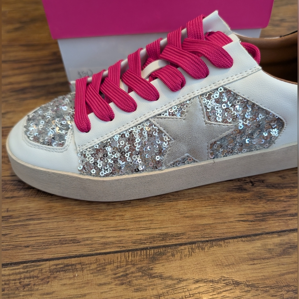 NIB Corkys Hey Girl Pink and Silver Sneakers with Glittery Accents - Picture 2 of 5